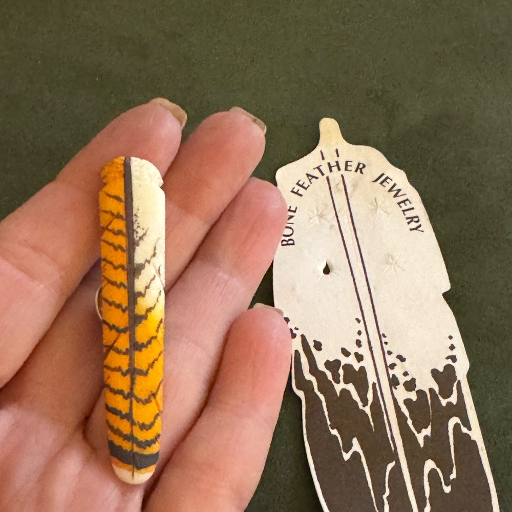 Vintage Bone Feather Jewelry Orange and Black Feather Hat Pin /  Brooch